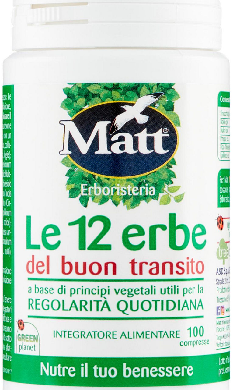 INTEGRATORE DIET. MATT&DIET LE 12 ERBE DEL BUON TRANSITO 100 CPR.BARATTOLO GR.50 - 0