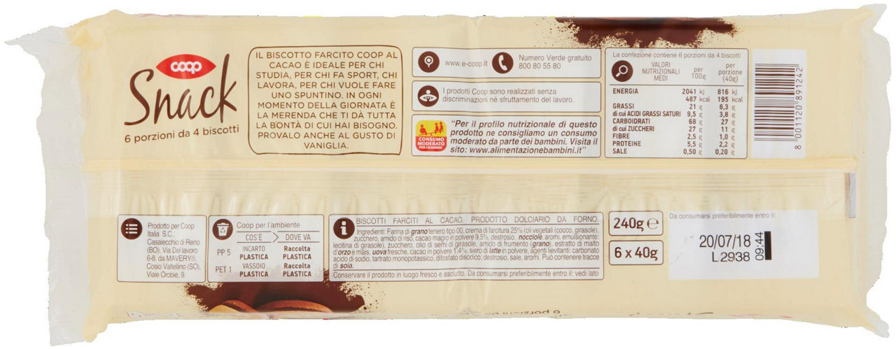 Snack Biscotto Farcito al Cacao 6 x 40 g - 2