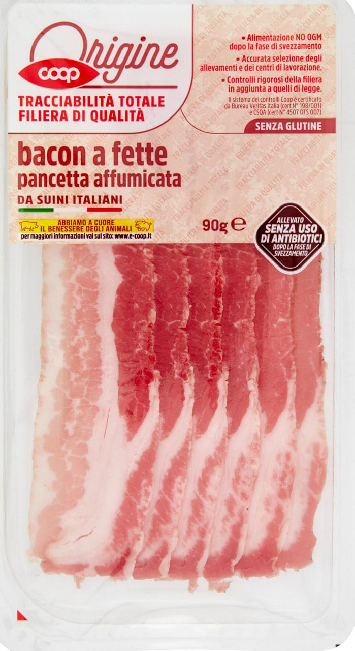 Pancetta bacon affum. suini all.s/antib.dopo svezz origine coop aff. vh g 90