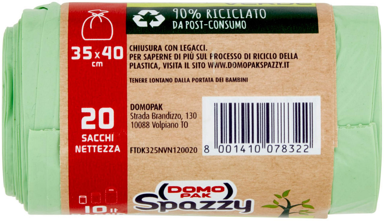 SACCHI NETTEZZA BAGNO 10LT DOMOPAK SPAZZY SACCOVERDE 35X40 90% RICICLATO PZ.20 - 4