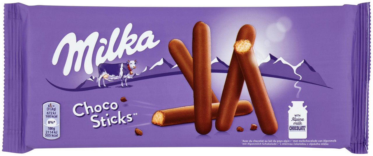Choco sticks, biscotti sticks ricoperti di cioccolato al latte milka - 112g