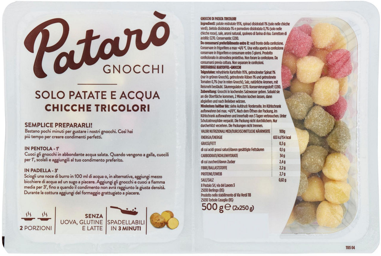 Gnocchetti freschi tricolori di patate e acqua 2 pz da 250 gr