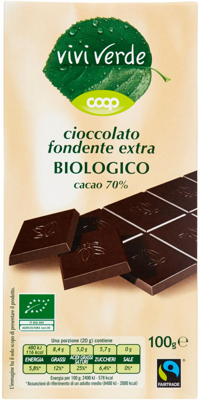 Tavoletta cioccolato fondente extra 70% biologico vivi verde 100 g
