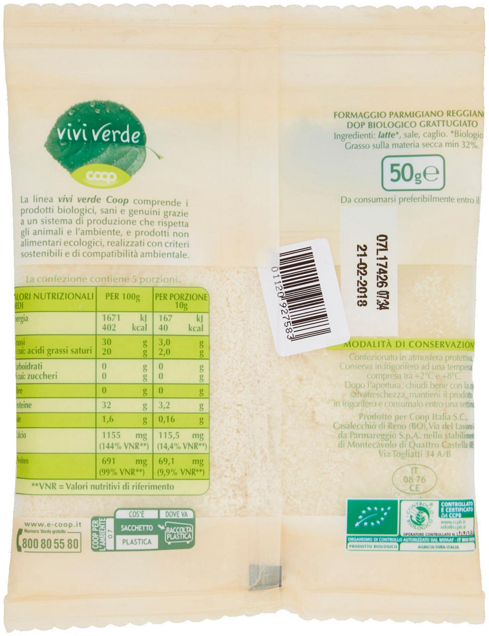 Parmigiano Reggiano DOP Grattugiato Biologico Vivi Verde 50 g - 2