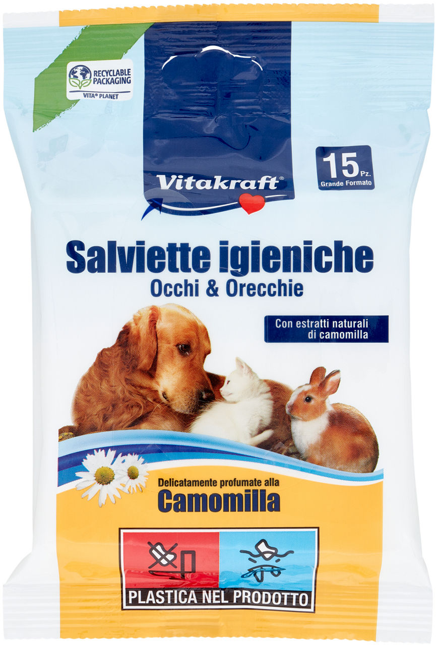 Salviette cane vitakraft detergenti per occhi e orecchie in softbag pz 15