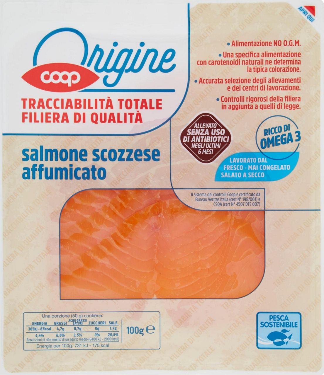 Salmone scozzese affumicato all. s/antib. ultimi 6m origine coop g 100