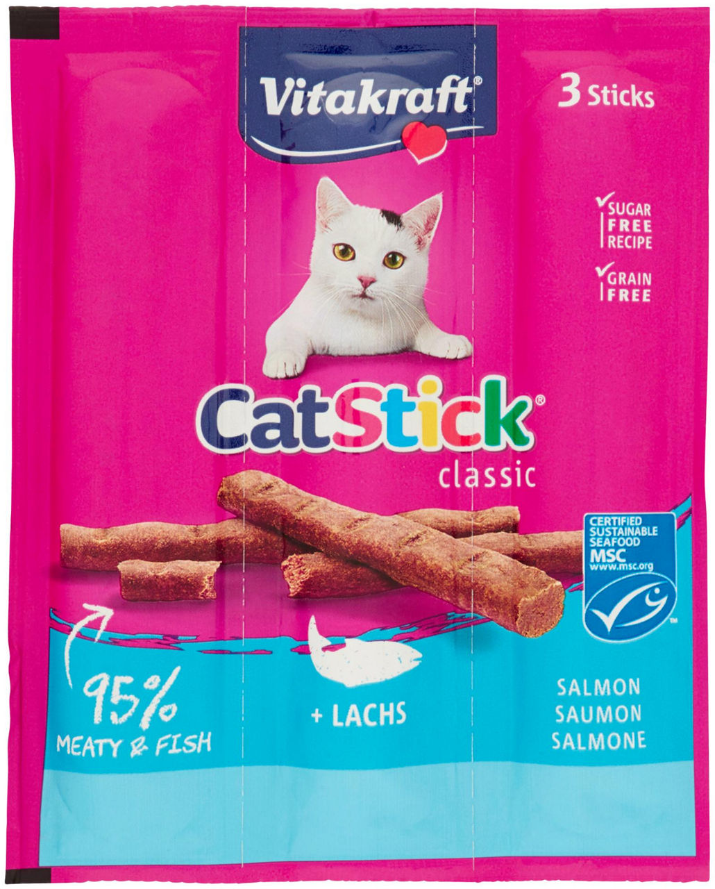 Snack gatto stick mini salmone vitakraft 3 pz gr.18