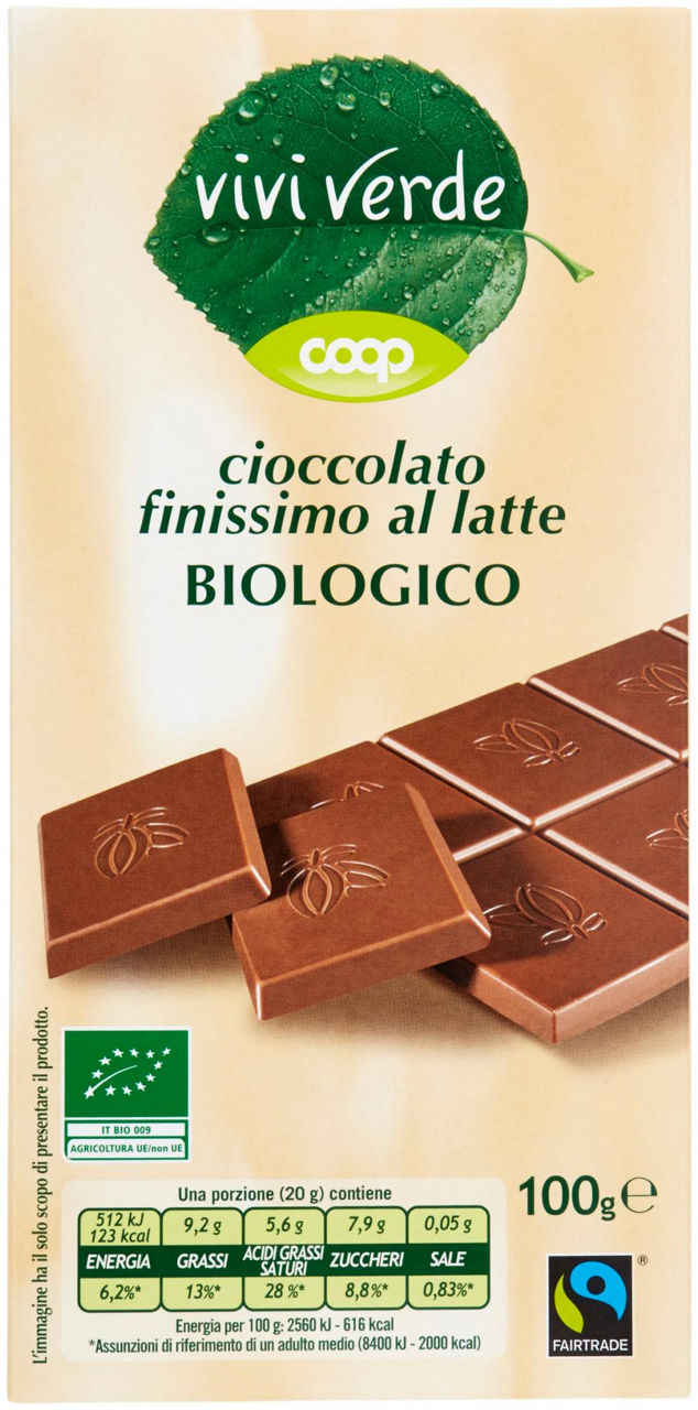 Cioccolato finissimo al latte biologico vivi verde 100 g