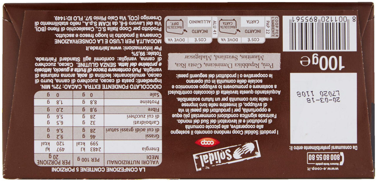 Cioccolato Fondente Extra Cacao: 72% Minimo 100 g - 2