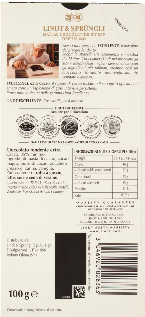 Tavoletta cioccolato Excellence 85% Cacao Fondente Deciso 100 g - 2