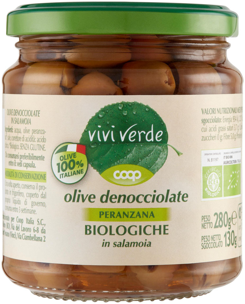 Olive denocciolate peranzana biologiche in salamoia vivi verde 280 g