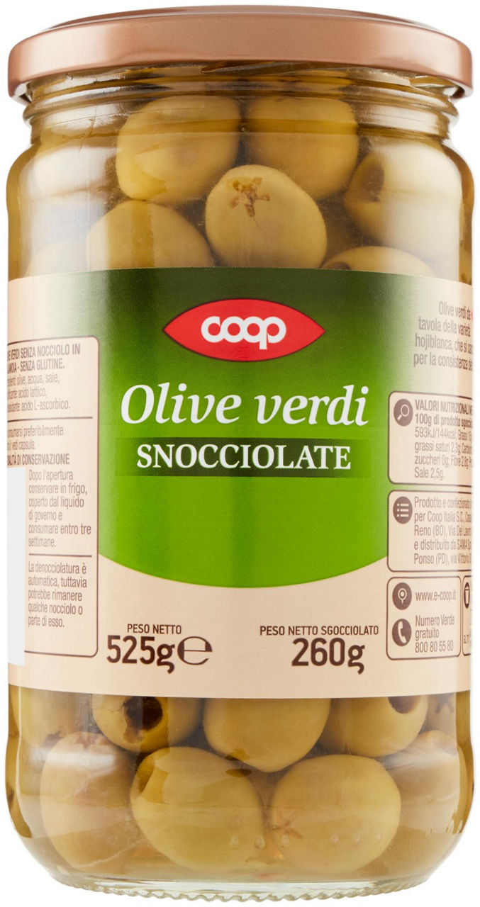 Olive verdi coop snocciolate in salamoia v.v. 525gr sgocc. 260gr
