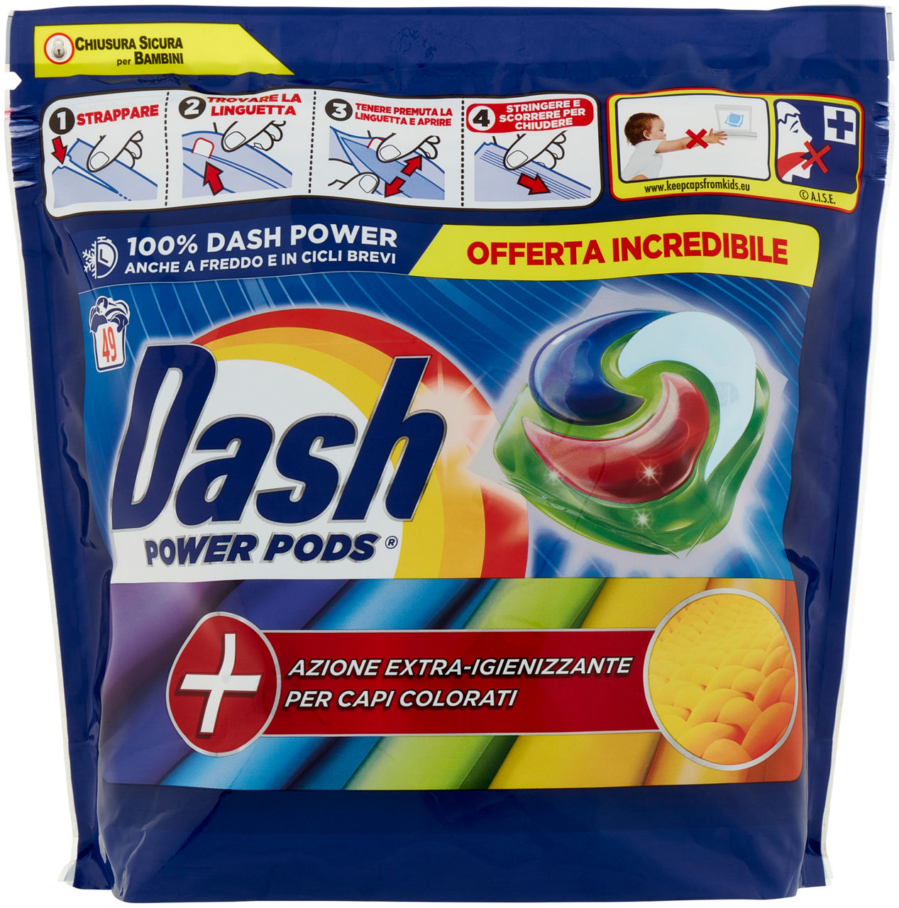 Detersivo lavatrice dash pods power igienizzante colore 49 caps kg.1,2593