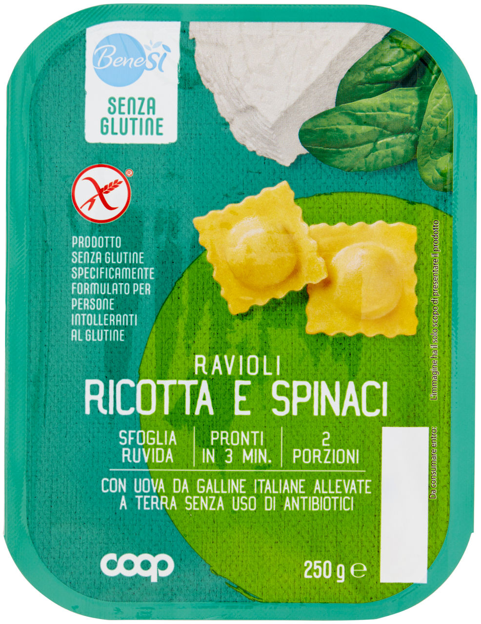 Ravioli freschi ricotta e spinaci senza glutine 250 gr