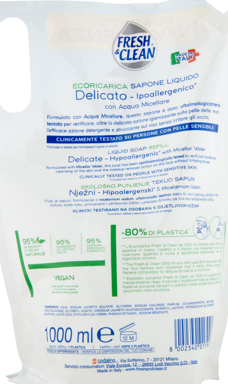 SAPONE LIQUIDO FRESH&CLEAN IPOALLERGENICO DELICATO ACQUA MIC.ECORICARICA L 1 - Immagine 21