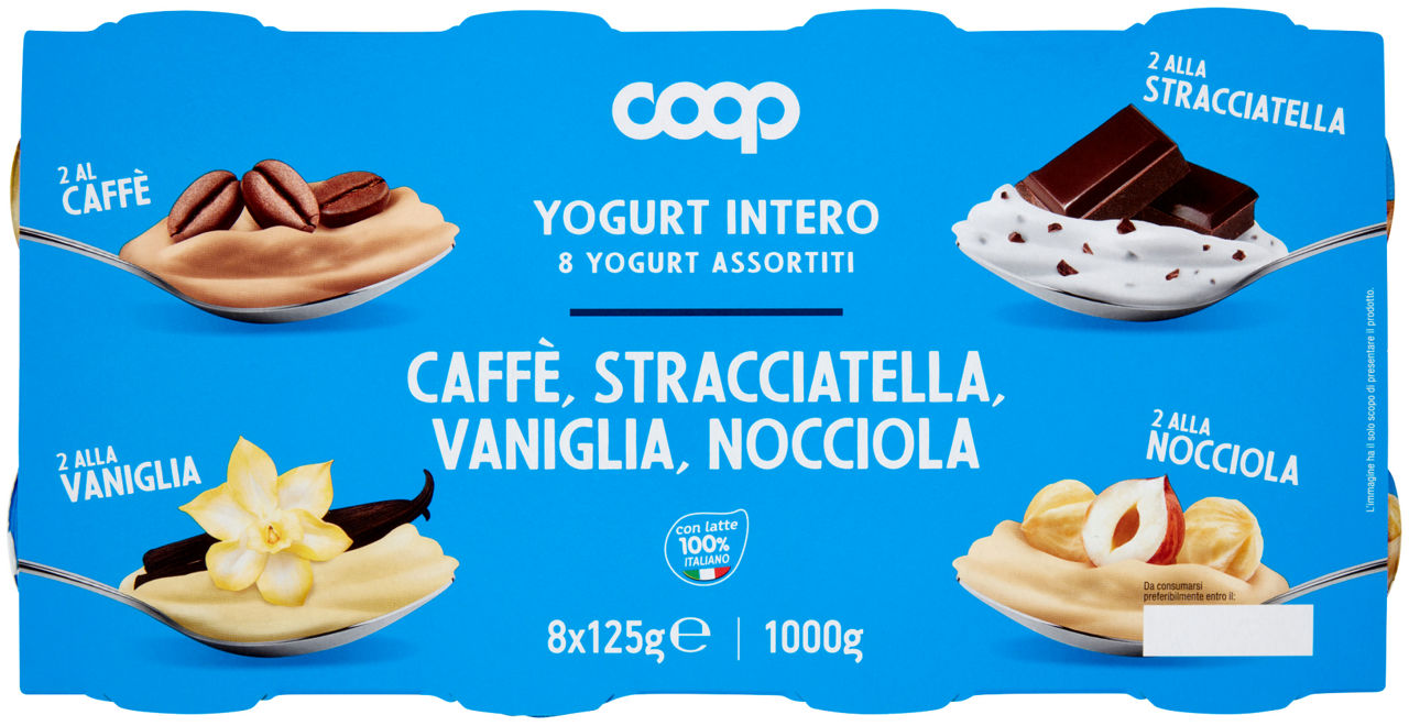 Yogurt intero gusti caffè stracciatella vaniglia e nocciola 8 pz da 125 gr