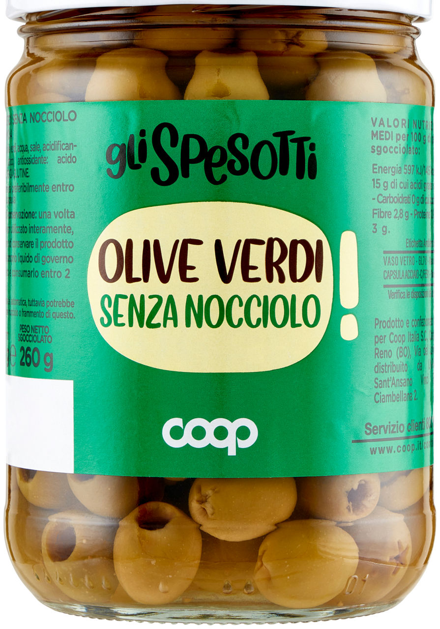 Olive verdi senza nocciolo in salamoia gli spesotti coop g520 sgocc.g260