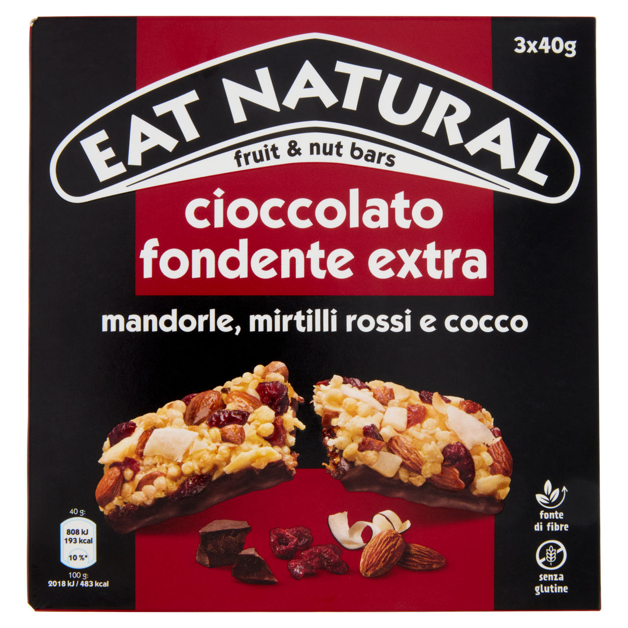 Barrette con frutti essiccati cioccolato extra fondente e mandorle 3 pz x 40 gr