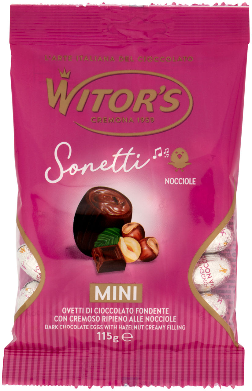 Ovetti di cioccolato fondente con ripieno di nocciola sonetti mini 115 gr
