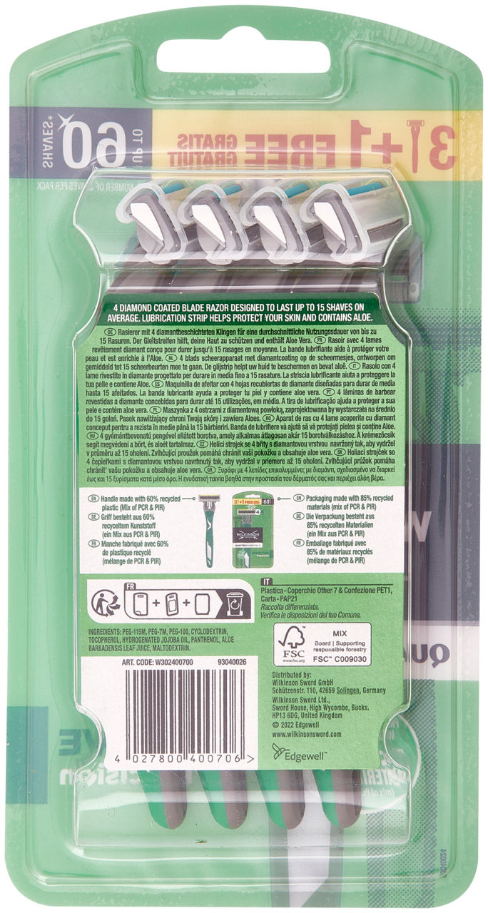 RASOI USA E GETTA WILKINSON QUATTRO ESSENTIAL 4 SENSITIVE PZ.3+1OMAGGIO - Immagine 21