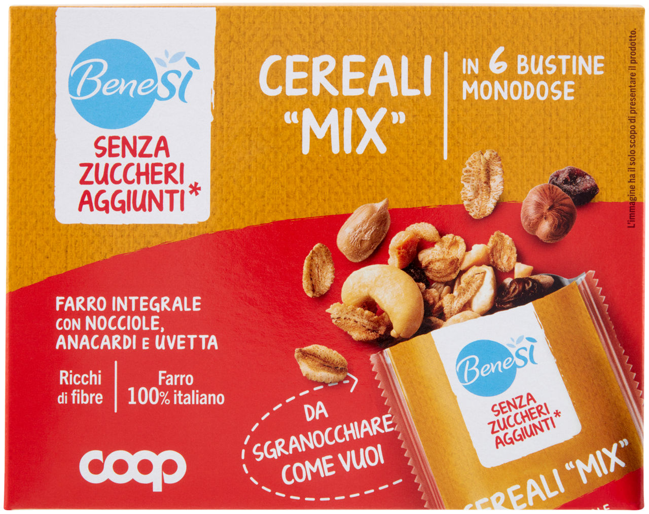 Cereali mix farro integrale, nocciole, anacardi e uvetta coop benesì pz 6 g 180