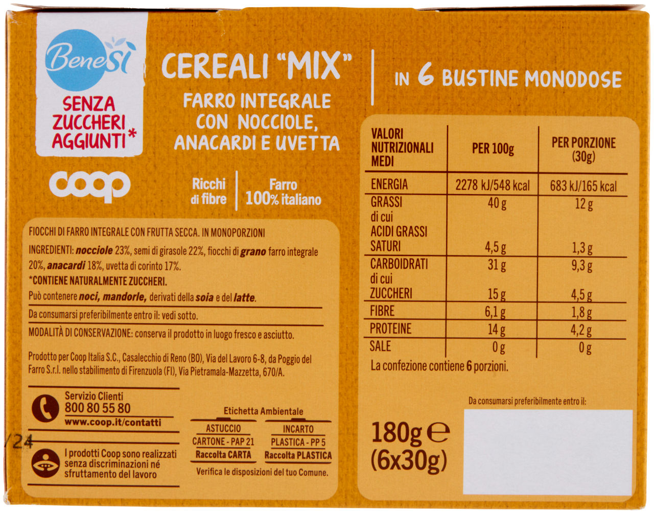 CEREALI MIX FARRO INTEGRALE, NOCCIOLE, ANACARDI E UVETTA COOP BENESÌ PZ 6 G 180 - Immagine 21