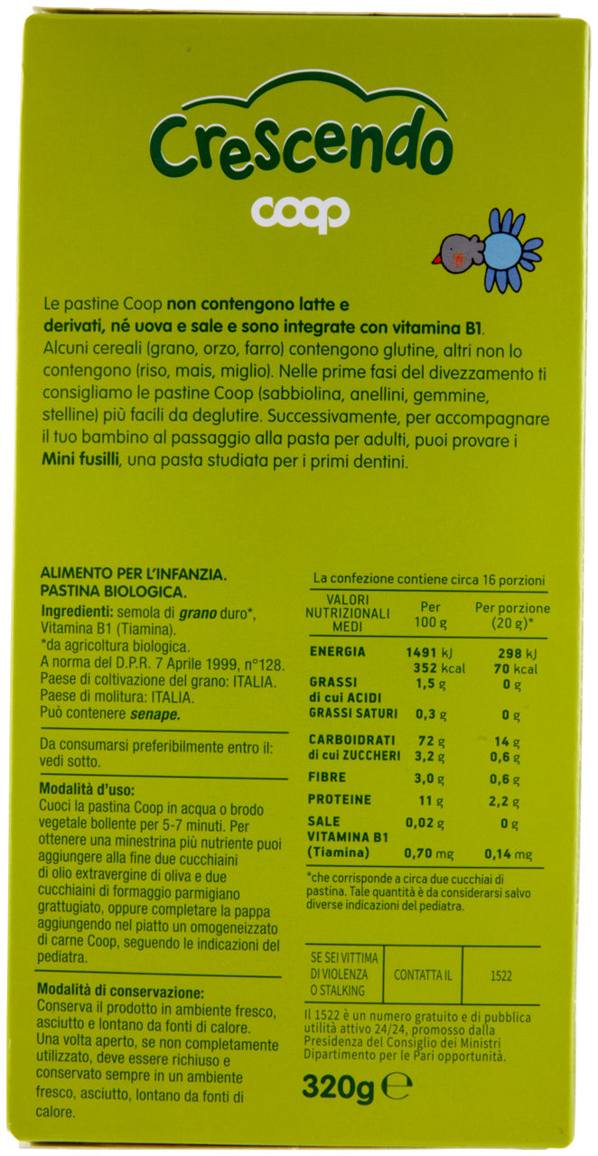 PASTINA DI SEMOLA DI GRANO DURO BIO MINI FUSILLI COOP CRESCENDO G  320 - Immagine 21