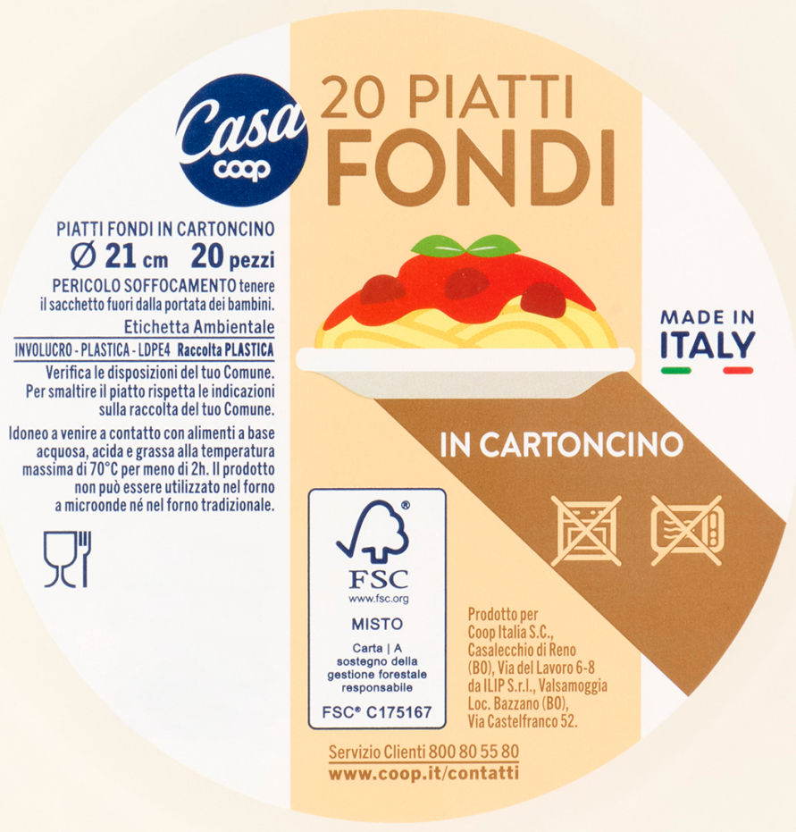 Piatti fondi in cartoncino coop casa fsc diam. cm21 pz 20