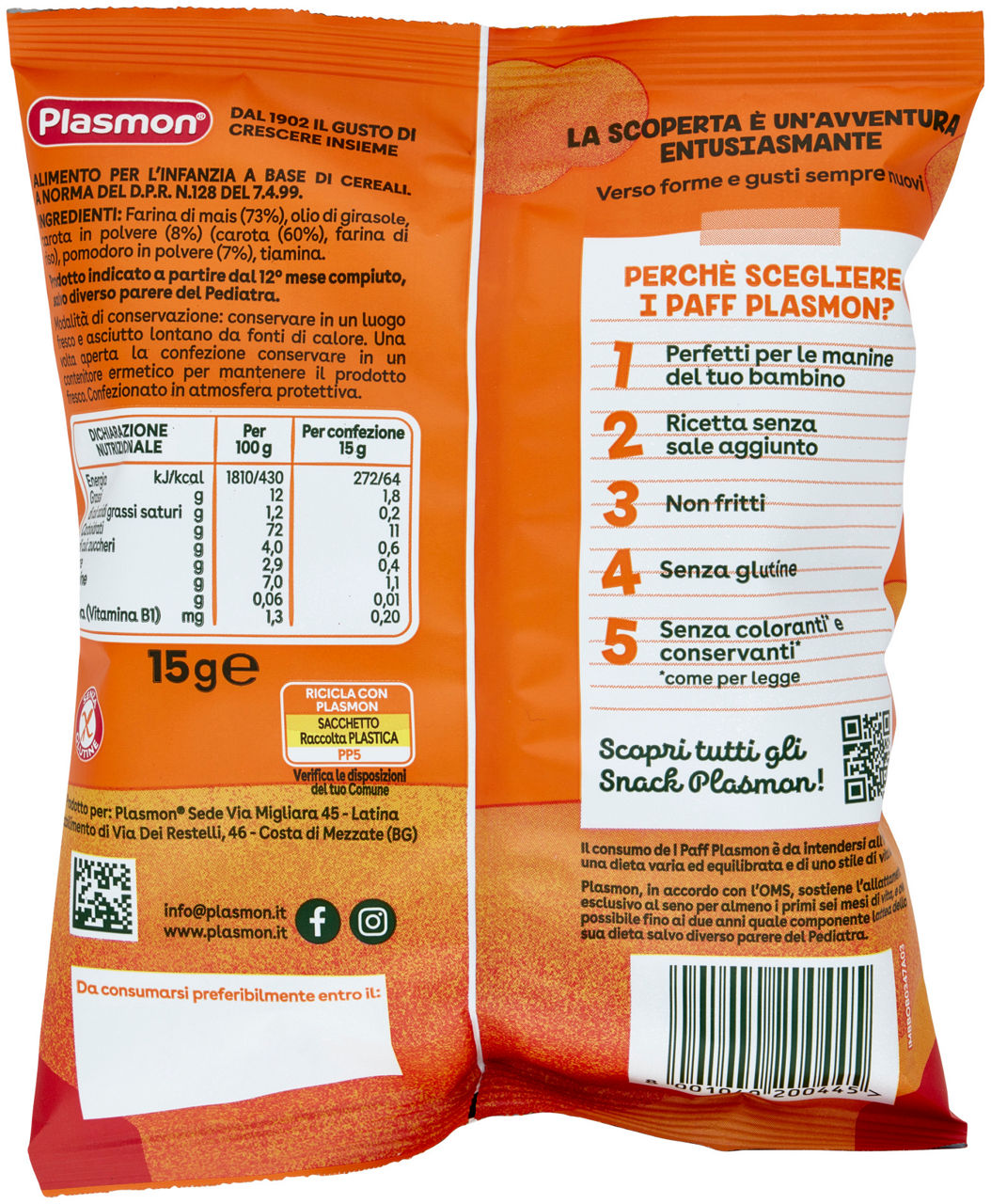 SNACK PAFF DEI BAMBINI  CAROTA E POMODORO PLASMON G 15 - Immagine 21