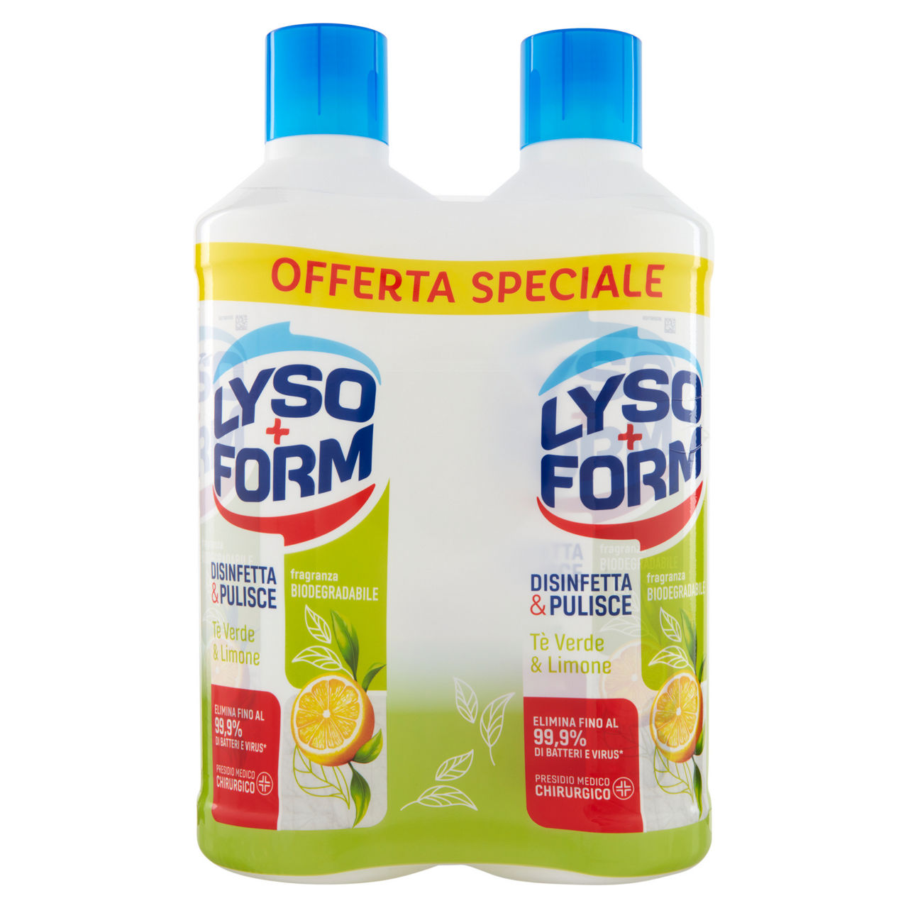 Detersivo per pavimenti disinfettante tè verde e limone 2 pz x 1,1 lt