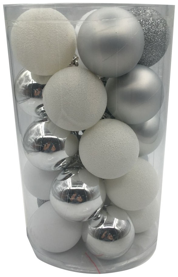 Conf. 25 sfere 6 cm argento bianco