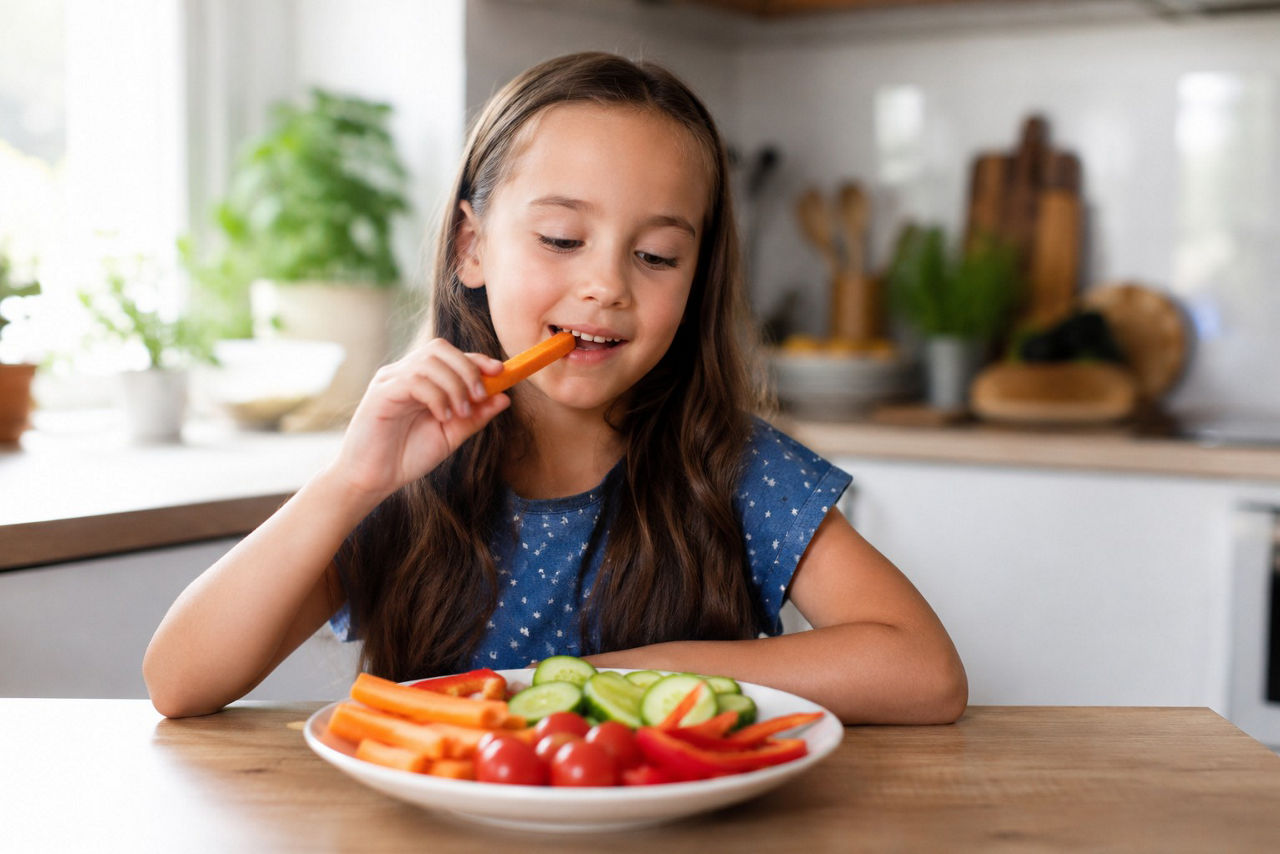 bambina a tavola che mangia verdure crude