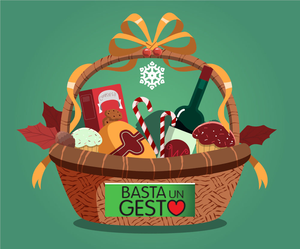 cesto con prodotti natalizi  e logo Basta un gesto