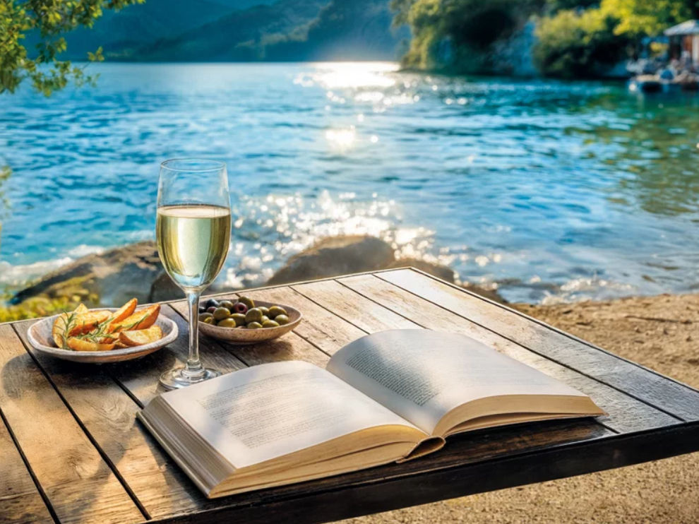 relax a bordo piscina con libro e calice