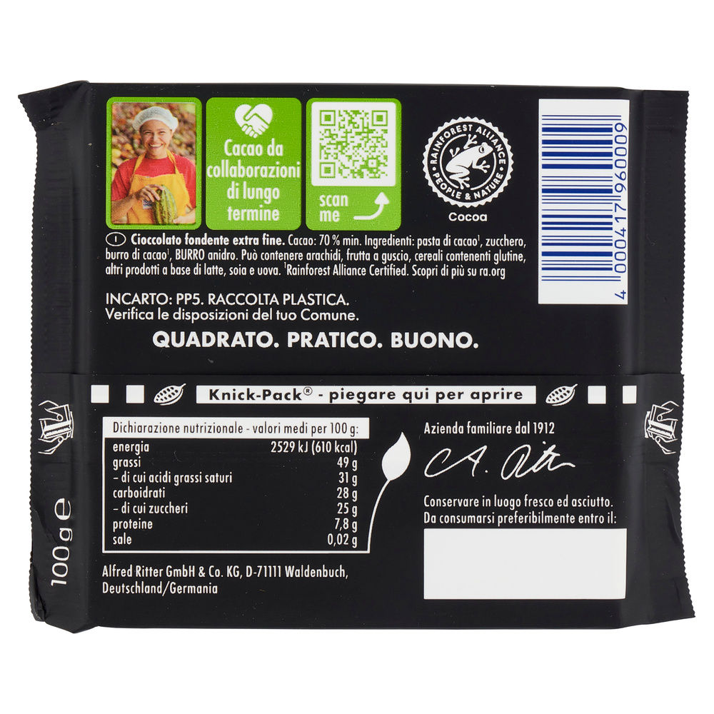 TAVOLETTA CIOCCOLATO FONDENTE EXTRA 70% RITTER SPORT G100 - 5