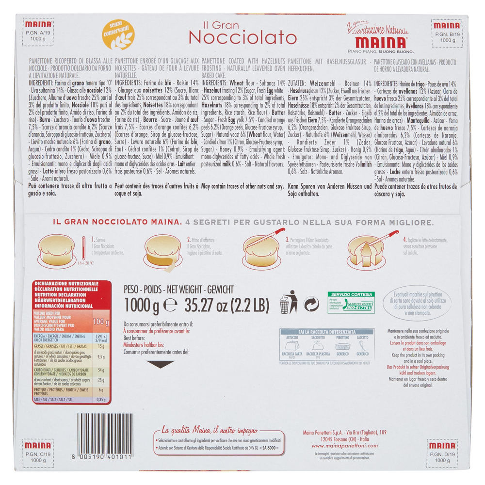 PANETTONE IL GRAN NOCCIOLATO MAINA SCATOLA KG.1 - 5