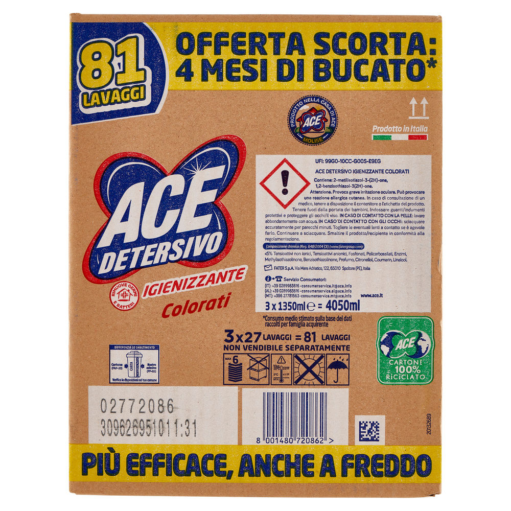 DETERSIVO LAVATRICE LIQUIDO ACE COLORATI IGIENIZZANTE 3X27LAV L 4,05 - 7