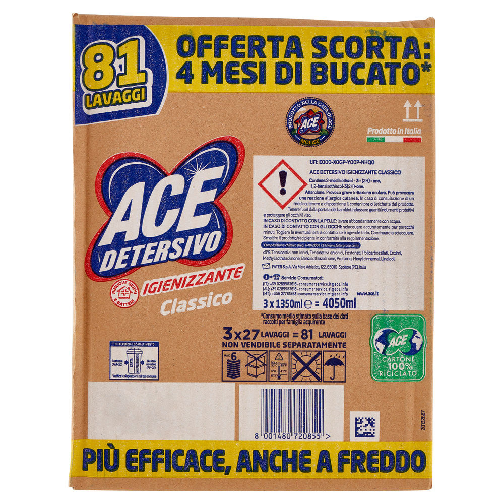 DETERSIVO LAVATRICE LIQUIDO ACE CLASSICO IGIENIZZANTE 3X27LAV L 4,05 - 7