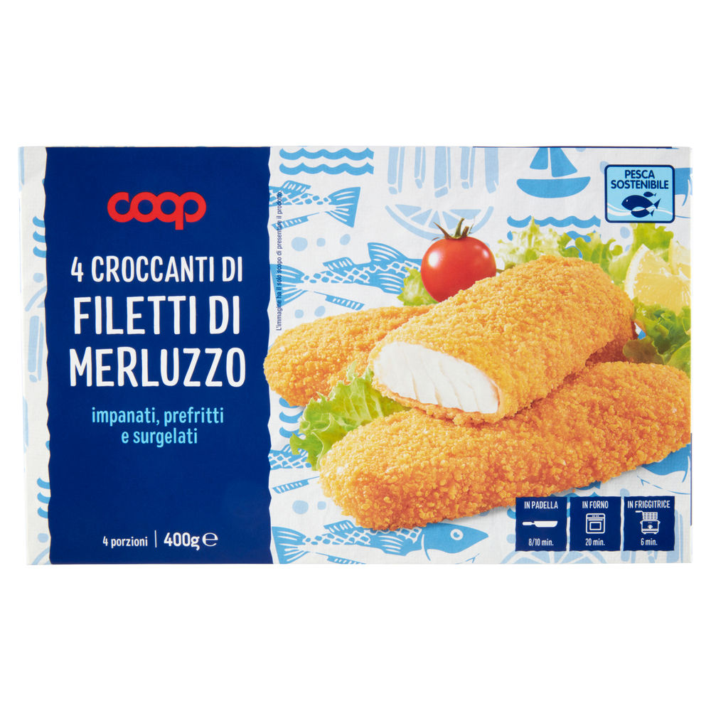 Croccanti di filetti di merluzzo impanati e surgelati coop pz 4 g 400