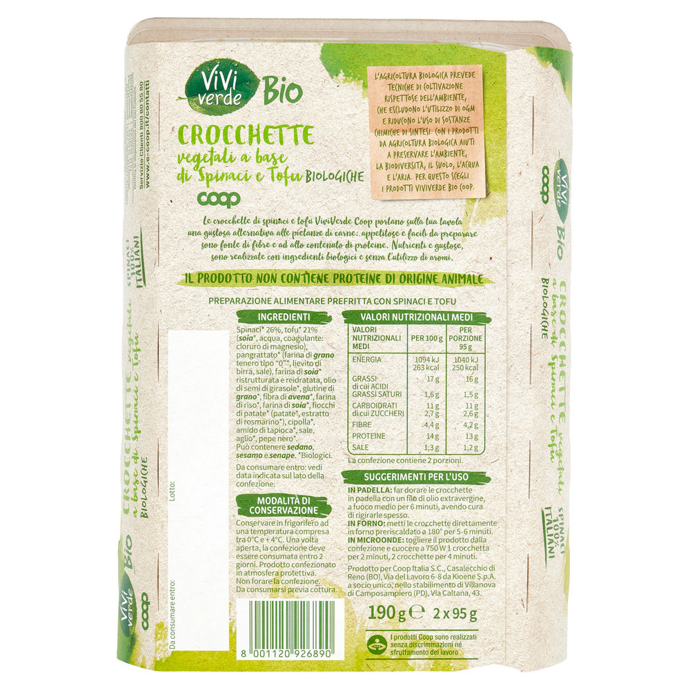 CROCCHETTE DI SOIA CON SPINACI VEGETALI BIO VIVI VERDE COOP G 190 - 1