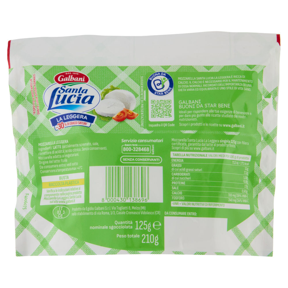 MOZZARELLA S.LUCIA LIGHT GALBANI BUSTA 210 G SGOCC. 125 G OS - 1
