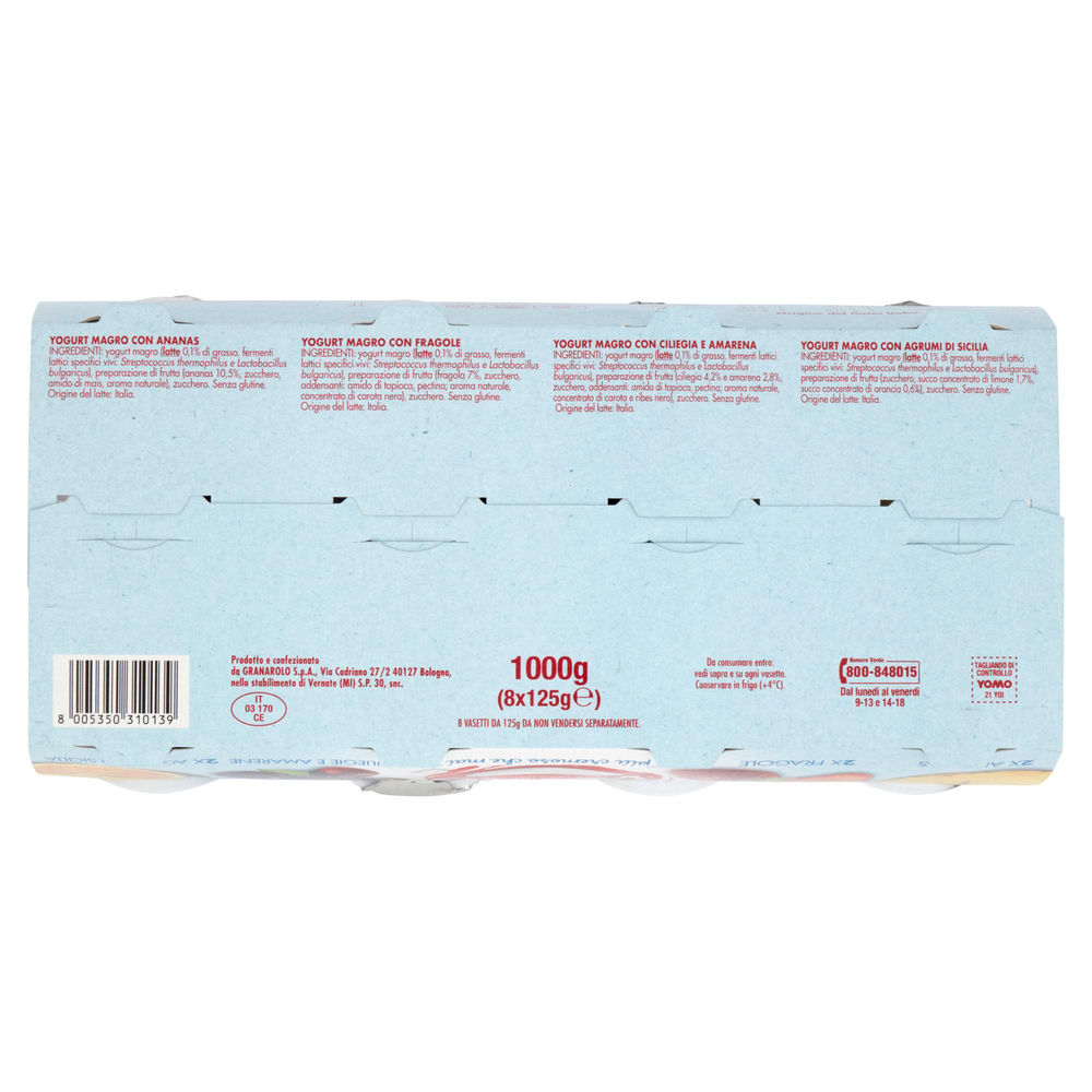 YOGURT YOMO 0,1% 100% NATURALE  AGRUMI, CILIEGIE AMAR, FRAGOLE, MIRTILLO 8X125G - 1