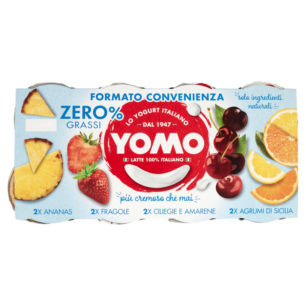 YOGURT YOMO 0,1% 100% NATURALE  AGRUMI, CILIEGIE AMAR, FRAGOLE, MIRTILLO 8X125G - 0