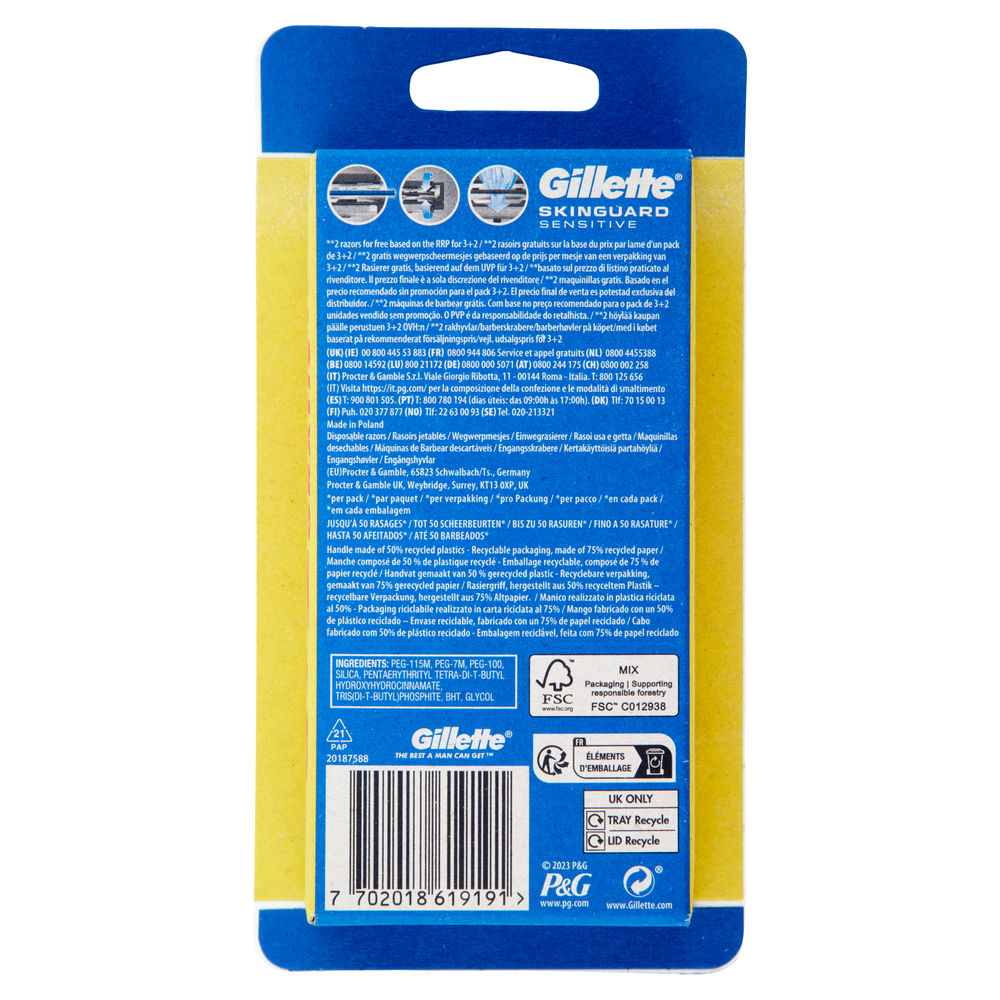 RASOIO USA&GETTA GILLETTE SKINGUARD SENSITIVE PZ.3+2OMAGGIO - 1