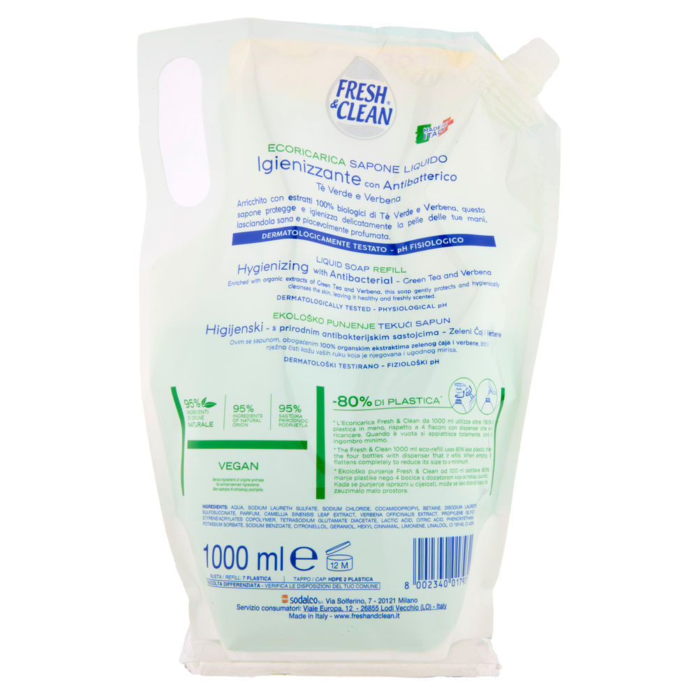 SAPONE LIQUIDO FRESH&CLEAN IGIENIZZANTE ANTIBATT.T&Egrave; VERDE VERBENA ECORIC.L 1 - 2
