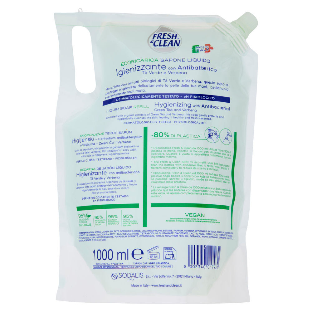 SAPONE LIQUIDO FRESH&CLEAN IGIENIZZANTE ANTIBATT.T&Egrave; VERDE VERBENA ECORIC.L 1 - 12