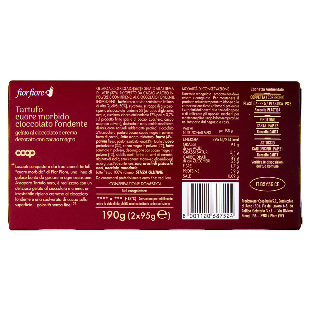 TARTUFO CUORE MORBIDO CIOCCOLATO FONDENTE FIOR FIORE COOP 2X95G G 190 - 1