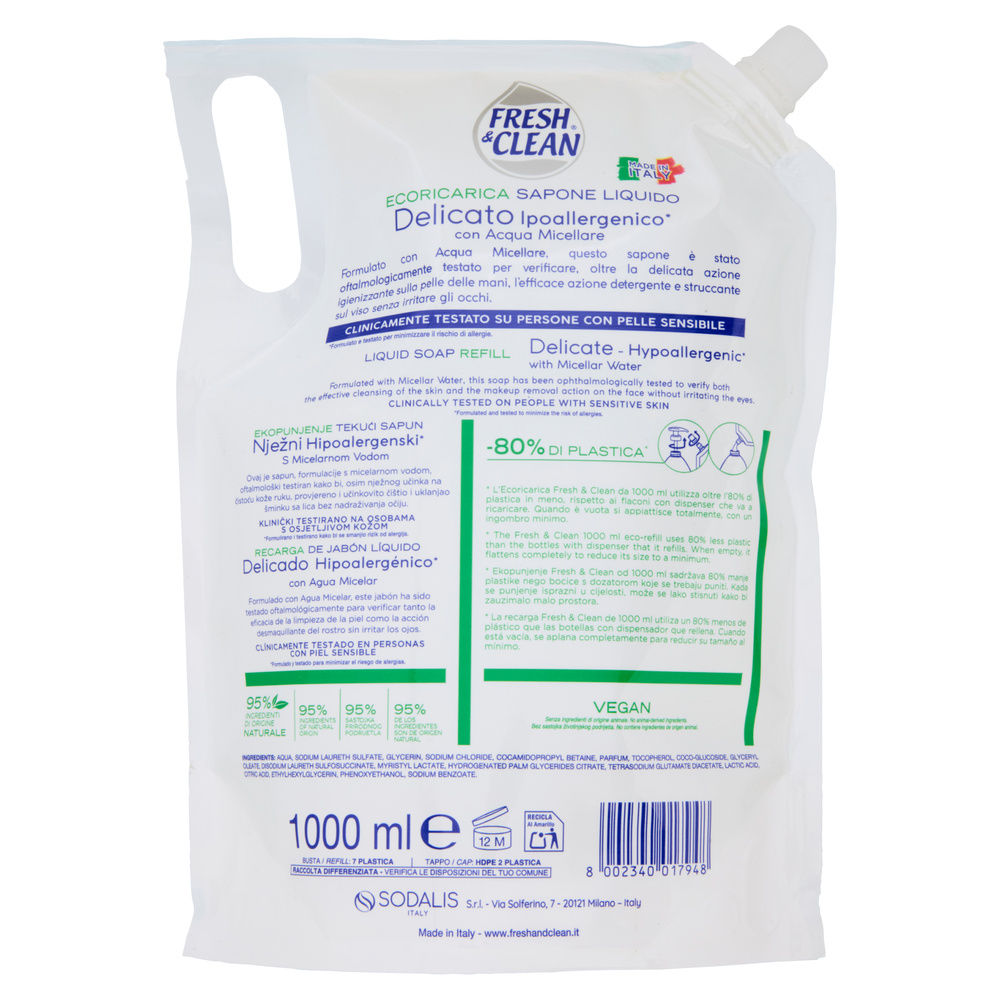 RICARICA SAPONE LIQUIDO FRESH&CLEAN IPOALLERGENICO DELICATO C/ACQUA MIC.L 1 - 12