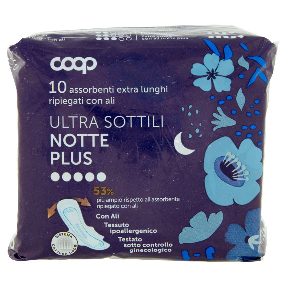 ASSORBENTI ULTRA SOTTILI NOTTE PLUS EXTRA LUNGHI RIPIEGATI CON ALI COOP PZ.10 - 2