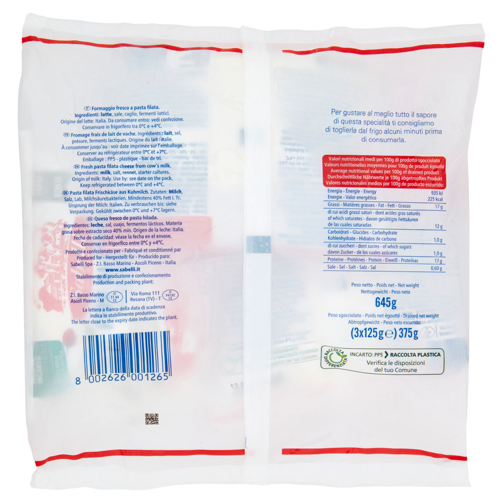 MOZZARELLA FIOR DI LATTE SABELLI SGOC. G125X3 G700 - 1